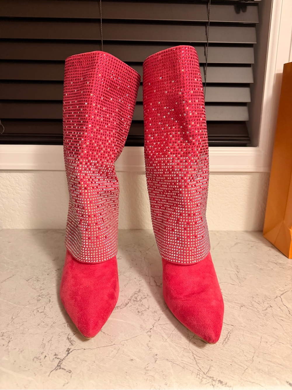 Vivianly Fuchsia Pink Rhinestone Slouch Knee High Stiletto Boots